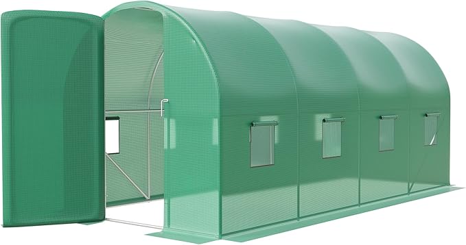 15x7x7 ft Walk-in Tunnel Greenhouse for Outdoor Gardening - Heavy Duty Galvanized Steel Hoop House with Green PE Cover, A Swing Door & 8 Vent Windows, Plant Protection & Year-Round Growing