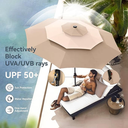 PHI VILLA 10ft Patio Umbrella with Solar Lights, Outdoor 3 Tier Vented Large Market Table Umbrella with 8 Sturdy Ribs and 1.5" Umbrellla Pole for Lawn Poolside Garden Terrace, Beige & Tan