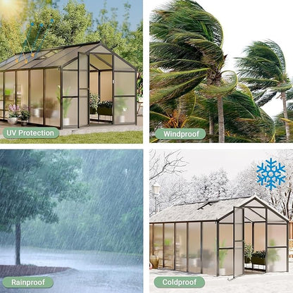 Greenhouse, 8x12 Ft Outdoor Greenhouses, Accessible Green House with Roof Vents and Sliding Doors, Aluminum Frame Polycarbonate Greenhouses, Large Greenhouse for Outdoor Gardens and Backyards, Silver
