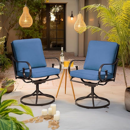 MELLCOM Patio Swivel Chair Set of 6, Heavy Duty Outdoor Dining Chairs with Thickened Cushions, Metal Patio Chairs Gentle Rocker for Outside, Blue