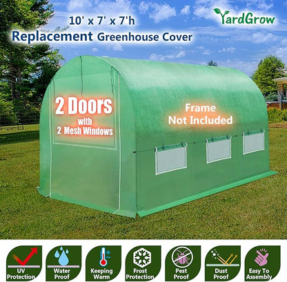 YardGrow Greenhouse Replacement Cover Larger Walk in Outdoor Plant Gardening Greenhouse, 2-Doors with 2 Mesh Windows, Frame Does NOT Included (10'x7'x7')