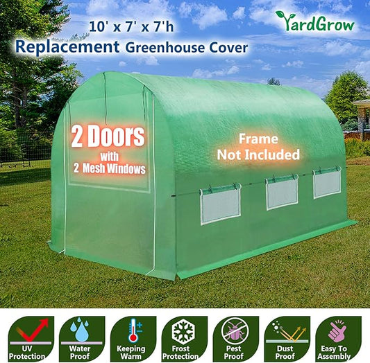 YardGrow Greenhouse Replacement Cover Larger Walk in Outdoor Plant Gardening Greenhouse, 2-Doors with 2 Mesh Windows, Frame Does NOT Included (10'x7'x7')