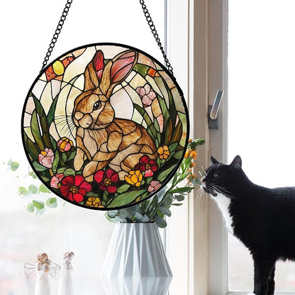 Stained Glass Window Hanging, Cute Bunny Flowers Sun Catcher for Window Door Home Decor, Rabbit Suncatcher Christmas Mother's Day Birthday Gifts for Women Men Mom and Nana 7.8 in