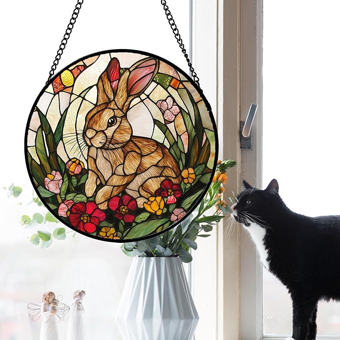 Stained Glass Window Hanging, Cute Bunny Flowers Sun Catcher for Window Door Home Decor, Rabbit Suncatcher Christmas Mother's Day Birthday Gifts for Women Men Mom and Nana 9.8 in