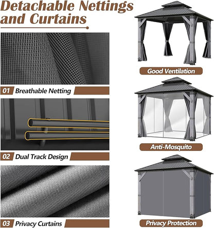 8.5 x 8.5FT Wood Gazebo,Outdoor Wooden Hardtop Gazebo with Galvanized Steel Doule Roof,Cedar Wood Frame Gazebos with Netting &Curtains for Backyard Deck