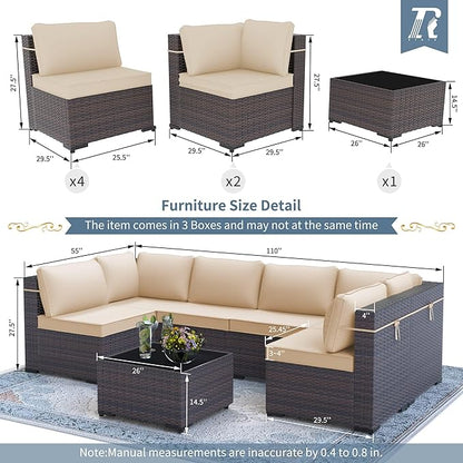 Outdoor Patio Furniture Set, 7 Pieces Outdoor Furniture All Weather Patio Sectional Sofa PE Wicker Modular Conversation Sets with Coffee Table,6 Chairs & Seat Clips Brown
