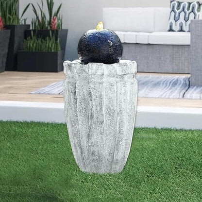 Modern Ball Fountains Outdoor Indoor Cast Stone Sphere Zen Fountain with LED Lights Round Water Features Decor for Garden Patio Living Room Office Black and White 25.6” High
