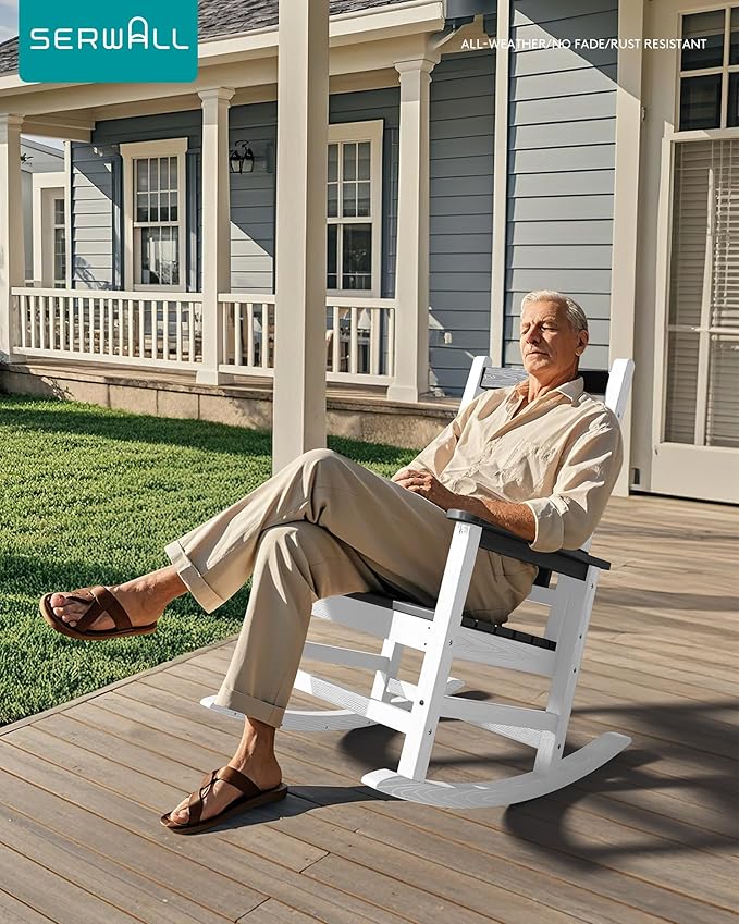 SERWALL Outdoor Rocking Chair Set of 2, HDPE Rocking Chairs for Adult, All Weather Porch Rockers for Lawn Garden, Gray & White