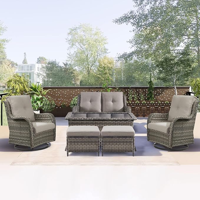 Rilyson 6 Piece Outdoor Patio Furniture Set - Rattan Wicker Patio Conversation Sets with 2 Swivel Rocker Chairs,2 Ottomans,1 Loveseat and 1 Coffee Table for Outside Porch Deck Yard(Mixed Grey/Grey)