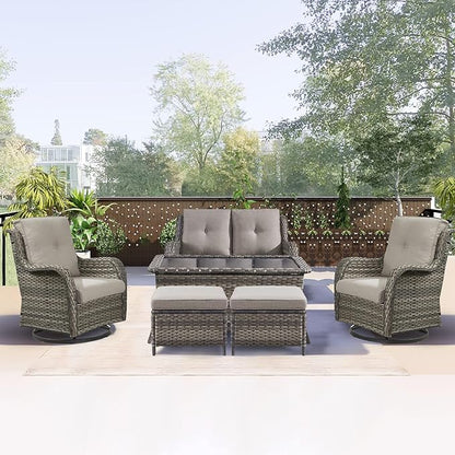 Rilyson 6 Piece Outdoor Patio Furniture Set - Rattan Wicker Patio Conversation Sets with 2 Swivel Rocker Chairs,2 Ottomans,1 Loveseat and 1 Coffee Table for Outside Porch Deck Yard(Mixed Grey/Grey)