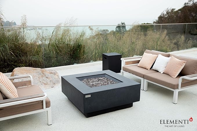 Elementi+ | Bundle Bergen Gas Fire Pit Cast Concrete 40" Square Fire Table, Outdoor Fire Pit Electronic Ignition | Canvas Cover, Fire Glass and Burner Lid Included | Dark Gray | Propane Gas