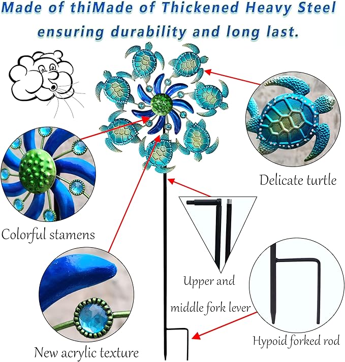 39" Sea Turtle Wind Spinners Garden Stake-Ocean Theme Outdoor Decorations- Metal Stake Yard Spinner-Wind Sculpture Yard Art Decorations for Patio,Swimming,Lawn & Garden Decor
