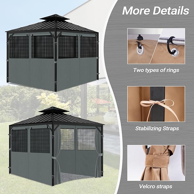 Gazebo Privacy Curtain 10'x10', Replacement Curtains with Mosquito Net Windows, 4-Panels Side Wall, Zippers, Waterproof Outdoor Curtains for Patio, Canopy, Garden and Backyard, Gray (Curtain Only)