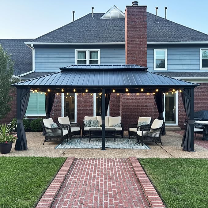 PURPLE LEAF 12'x20' Hardtop Gazebo with Lights Outdoor Pavilion Waterproof Double Roof Galvanized Steel for Patio and Garden Includes Netting and Curtains Grey