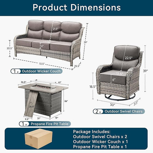 Luxury High Back Outdoor Furniture 6-Inch Thick Cushions with 50,000 BTU Gas Propane Fire Pit Tablet, Patio Furniture Set with Swivel Chairs, for Porch, Balcony, Deck and Yard