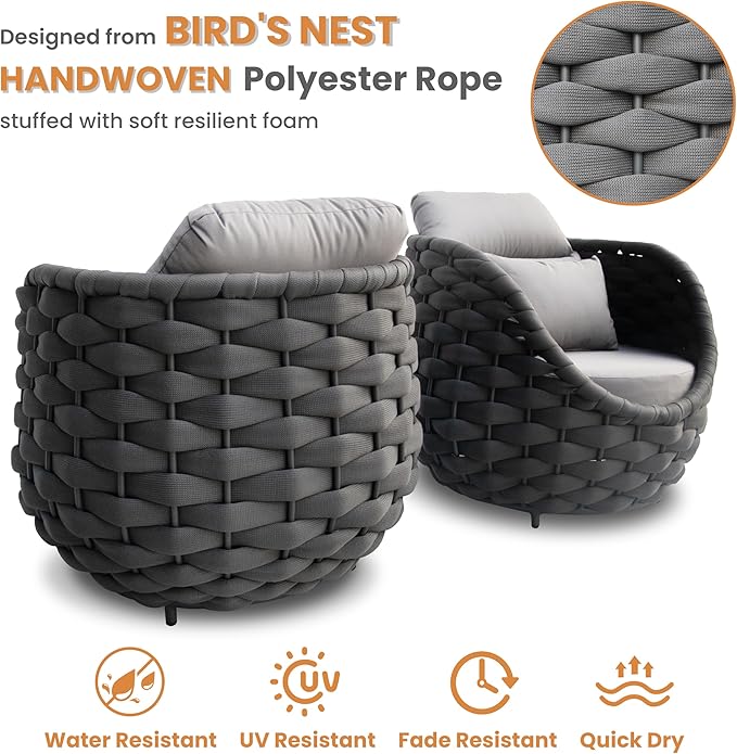 2 Pcs Woven Rope Outdoor Chair: Aluminum Patio Accent Chair with Arms - Assembled Cushioned Lounge Chair For 400lbs - Morden Porch Furniture Seating for Deck Balcony Garden Backyard Hotel Resort