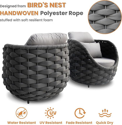 2 Pcs Woven Rope Outdoor Chair: Aluminum Patio Accent Chair with Arms - Assembled Cushioned Lounge Chair For 400lbs - Morden Porch Furniture Seating for Deck Balcony Garden Backyard Hotel Resort