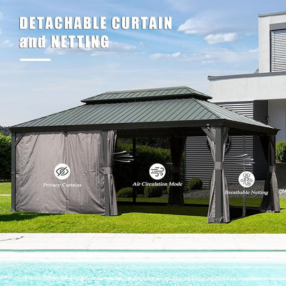 Domi 12'x18' Hardtop Gazebo Canopy Metal,Outdoor Aluminum Gazebo with Galvanized Steel Double Roof,Permanent Gazebo Pavilion for Patio Deck Backyard,Curtain and Netting,Grey