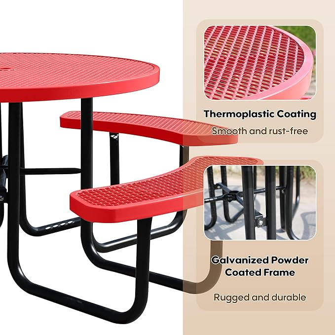 8-Person Picnic Tables for Outdoors, Industrial 46" Expanded Metal Round Picnic Table with 4 Benches & Umbrella Hole, Outside Table and Bench Set for Park, Garden, Backyard, Patio, Red