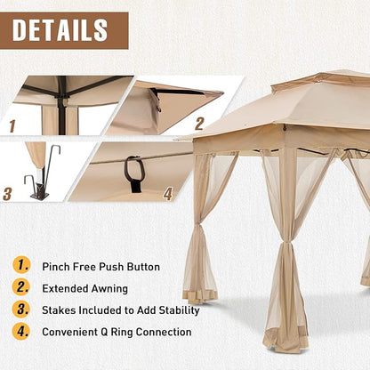 11x11 Outdoor Pop up Gazebo Tent with Mesh Walls for Patio, Lawn, Backyard and Deck, Khaki