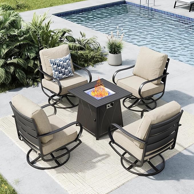 MFSTUDIO 5 Pieces Patio Conversation Sets, Outdoor Metal Furniture Sofas with 1 x 28 50,000 BTU Square Propane Fire Table and 4 x Wrought Iron Frame Swivel Chairs with Beige Cushion