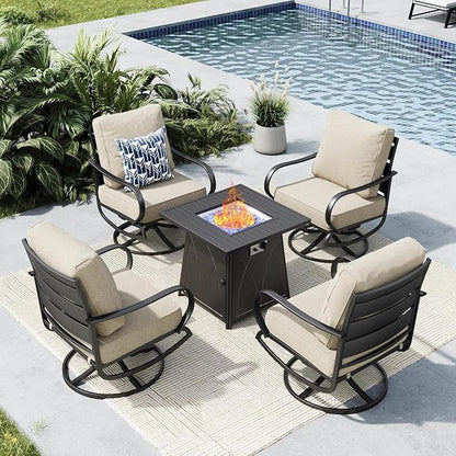 MFSTUDIO 5 Pieces Patio Conversation Sets, Outdoor Metal Furniture Sofas with 1 x 28 50,000 BTU Square Propane Fire Table and 4 x Wrought Iron Frame Swivel Chairs with Beige Cushion