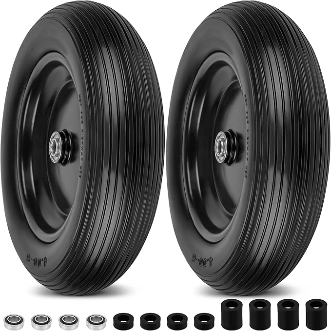 4.00-6 Flat Free Wheelbarrow Tires and Wheels, 13 Inch Wheelbarrow Tires with 5/8" or 3/4" Bearings, 1.75'' Centered Hub Hand Truck Solid Wheels Replacement for Hand Trucks, Dolly Trolleies, 2 PCS