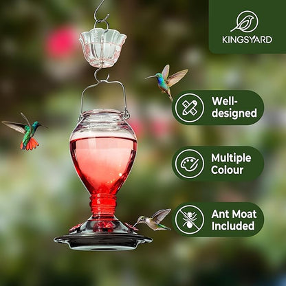 Kingsyard Glass Hummingbird Feeder - 6 Bee Guard Feeding Ports & Ant Moat, 24 oz Leak Proof, Wild Bird Feeder for Outdoors Hanging, Easy to Clean & Refill, Garden Yard Décor, Red & Pink
