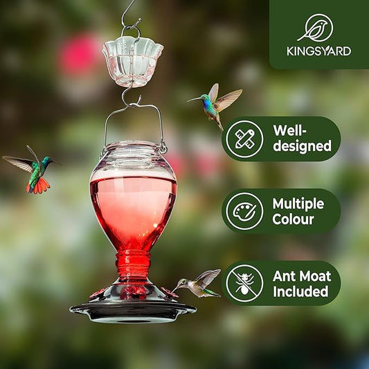 Kingsyard Glass Hummingbird Feeder - 6 Bee Guard Feeding Ports & Ant Moat, 24 oz Leak Proof, Wild Bird Feeder for Outdoors Hanging, Easy to Clean & Refill, Garden Yard Décor, Red & Pink