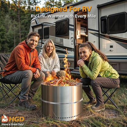 HGD 20 Inch Smokeless Firepit with Grill, Portable Wood Burning Fire Pit for Camping & Backyard, Stainless Steel Outdoor Fireplace with Travel Bag, Easy Setup & Compact Storage - Foldable Design