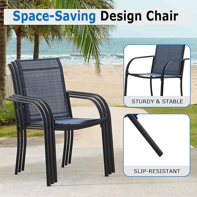 Outdoor Dining Chairs Set of 4, Stackable Patio Chairs with Textilene Fabric, Lightweight Garden Chairs for Poolside, Backyard, Camping, Dark Blue