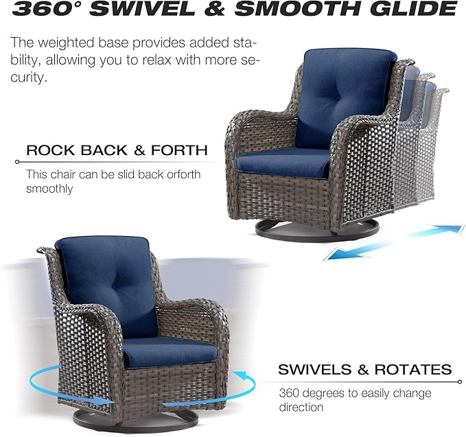 Joyside 5 Piece Outdoor Patio Furniture Set Wicker Conversation Bistro Set Swivel Rocking Chairs with Side Table and Ottomans for Backyard, Porch, Deck(Mixed Grey/Blue)