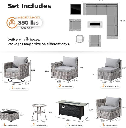 ovios 10 Pieces Patio Furniture Set, Outdoor Wicker Sectional Sofa with 54" Fire Pit Table Swivel Chairs, Modern Modular Deep Seat Rattan Couch Conversation Sets, Dark Grey