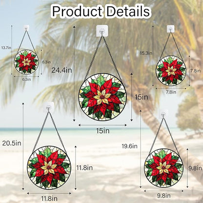 Stained Glass Window Hanging - Red Poinsettia Birth Flower Sun Catcher for Door Garden Home Decor Suncatcher Christmas Mother's Day Birthday Gifts for Women Men Mom Girl Nana Friend 6.3 in