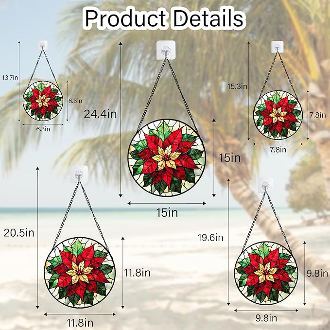 Stained Glass Window Hanging - Red Poinsettia Birth Flower Sun Catcher for Door Garden Home Decor Suncatcher Christmas Mother's Day Birthday Gifts for Women Men Mom Girl Nana Friend 9.8 in