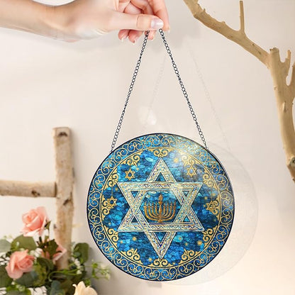 FLAGWIX Christmas Hanukkah Gifts for Women Men - Stained Glass Window Hanging 8 in - Christmas Decorations for Home Indoor Window, Religious Spiritual Gifts for Mom, Hanukkah Sun Catcher Hanging Decor