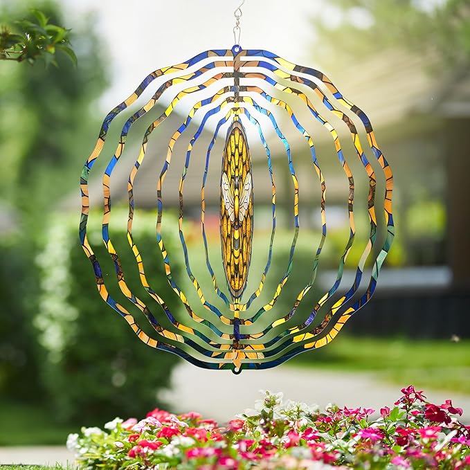 FLAGWIX Christmas Bee Wind Spinners Outdoor - 3D Stainless Steel Metal Wind Spinners 12 in - Bee Gifts Decorations for Home, House Outdoor Garden Decor for Outside, Christmas Garden Gifts for Women