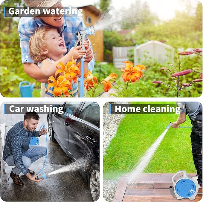 Kitness Mini Retractable Garden Hose Reel, Portable Simple Home 45+5 FT Hose Reel with 7 Adjustable Patterns Spray Nozzle&Standard Connector, Watering Hose Reel for Gardens Yards and lawns (Bule)