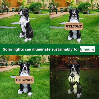 Border Collie Solar Welcome Statue, Hand-Painted Resin Sitting Dog Figurine with Lantern and Dual Wooden-Style Signs, Intelligent Guardian Sculpture for Garden and Porch Décor