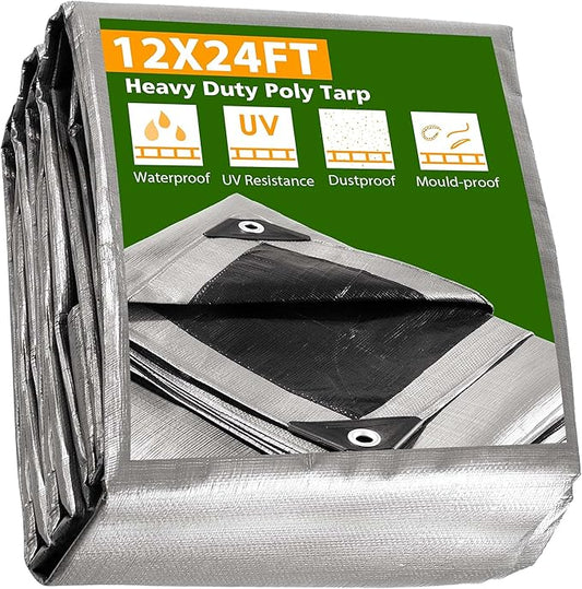 Yescom 12x24 Ft 14 Mil Heavy Duty Reinforced Poly Tarp Reversible Waterproof Tarpaulin Ground Sheet Cover Reversible Silver Black Tarps