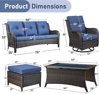 Wicker Outdoor Conversation Set-6 Pieces Outdoor Wicker High Back Couch with Swivel Rocker Chairs Patio Furniture for Deck Poolside Backyard-Brown/Blue