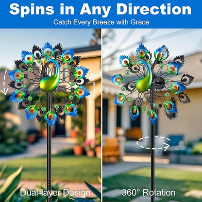 Wind Spinners Garden Decor for Outside, 13 Inches 360°Peacocks Windmill for Yard Decorations Outdoor, Metal Yard Art Wind Sculptures Garden Gifts for Women, Backyard, Patio, Lawn Ornament
