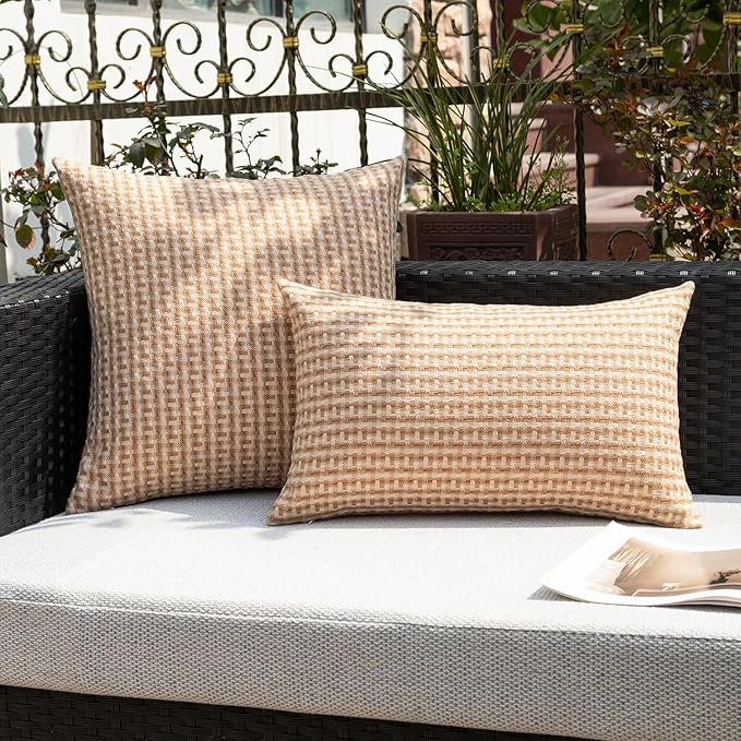 Kevin Textile Outdoor Waterproof Throw Pillow Covers Pack of 2 Farmhouse Decorative Cushion Covers for Garden Patio Tent Balcony Bench Couch Sofa 12x20 Inch, Light Brown
