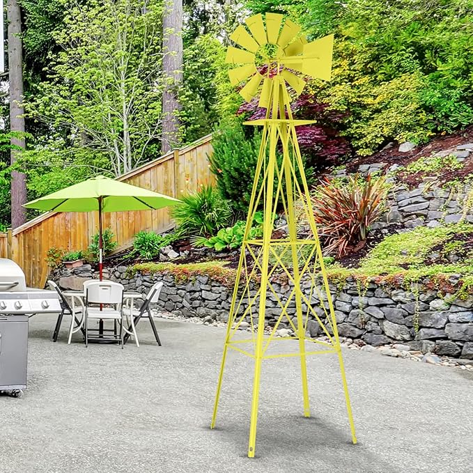 Garden Windmill for Yard Decor, 8 ft Tall Metal Windmill with Spinning Blades, Weather-Resistant Outdoor Windmill for Lawn, Farmhouse, Rustic & Farm Decor,Yellow