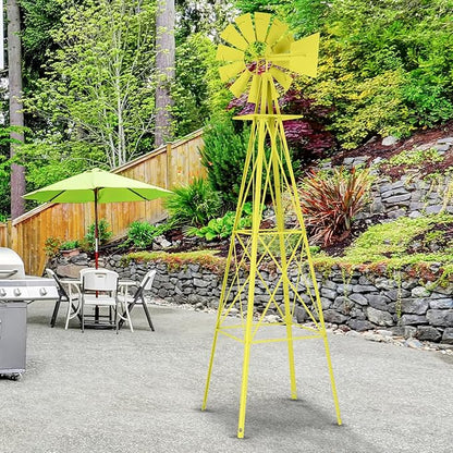 Garden Windmill for Yard Decor, 8 ft Tall Metal Windmill with Spinning Blades, Weather-Resistant Outdoor Windmill for Lawn, Farmhouse, Rustic & Farm Decor,Yellow