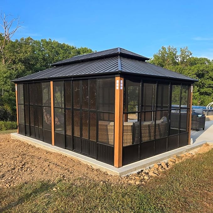 PURPLE LEAF 12' X 20' Patio Hardtop Gazebo Double Top Outdoor Screen House Aluminum Solarium Backyard Sun Room with Detachable Windows and 36 Solar String Light