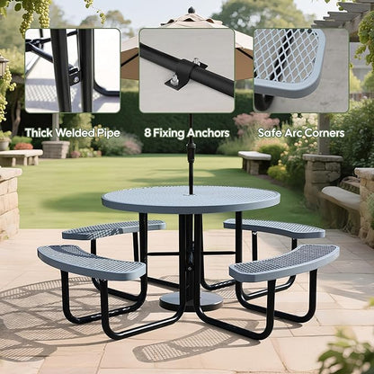 8-Person Picnic Tables for Outdoors, Industrial 46" Expanded Metal Round Picnic Table with 4 Benches & Umbrella Hole, Outside Table and Bench Set for Park, Garden, Backyard, Patio, Grey
