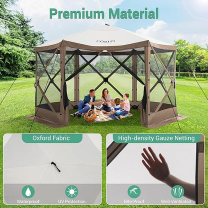 COBIZI 12x12ft Pop up Gazebo Screen Tent Screen House for Camping, Camping Outdoor Screened Gazebo with Mosquito Netting, Portable Hub Tent with Carrying Bag and Ground Stakes, Brown(Upgraded 2.0)
