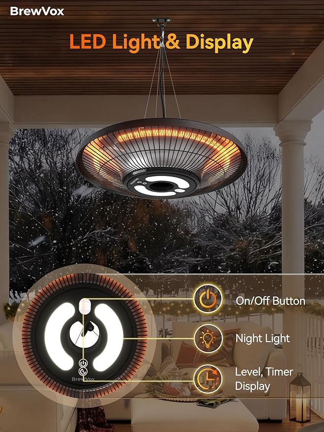 Carbon Infrared Outdoor Patio Hanging Heater with LED Night Light, Smart App-Controlled Remote On/Off, 24H Timer for Living Room, Bedroom, Garage