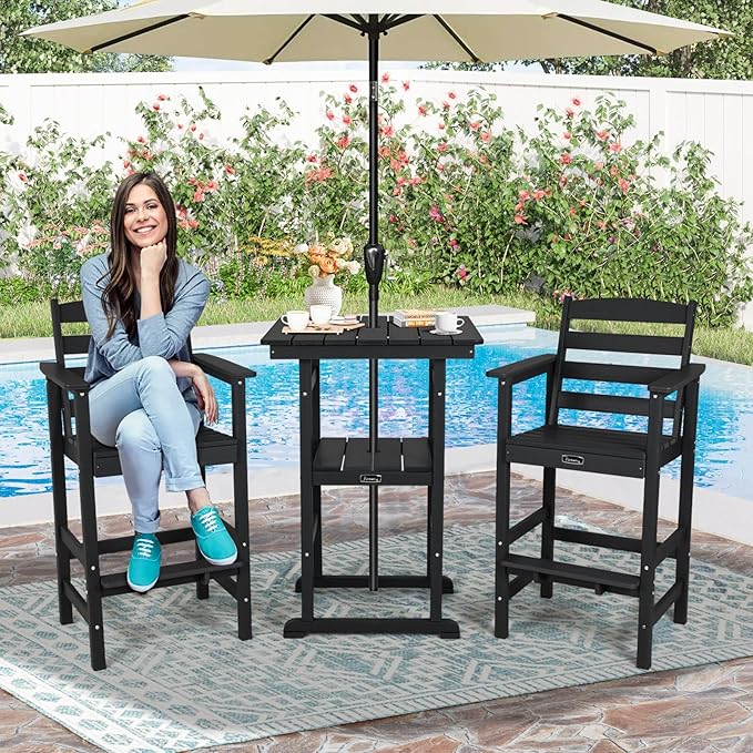 FUNBERRY Outdoor Bar Set with Umbrella Holes, Tall Adirondack Chairs and Table, All Weather HDPE Bar Height Outdoor Table and Chairs Set for Bistro Patio Balcony
